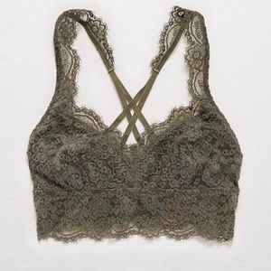 Aerie Lace Bralette Olive Green Strappy Cross Back Size Large